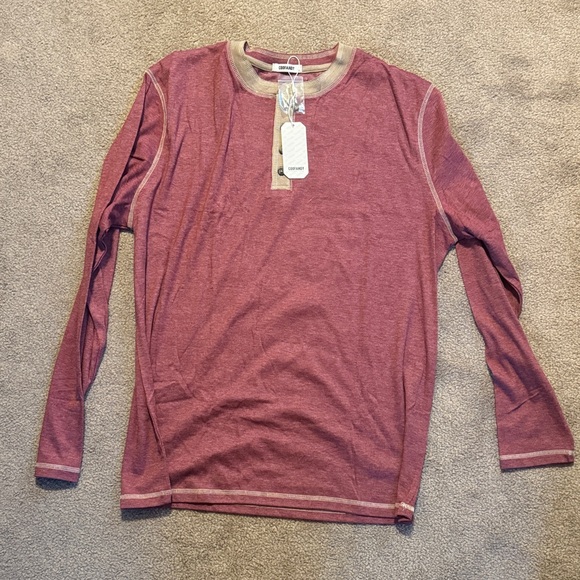 NWT- Men's Casual Button-Down Henley Shirt in Red with Contrast Trim - Picture 3 of 3